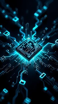 Futuristic Circuit Board with Glowing Blue Neon Lights Illustrating Advanced Technology