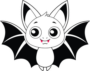 Adorable cartoon bat illustration with big eyes and tiny fangs, perfect for whimsical designs and spooky season projects.