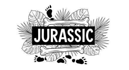 Fototapeta premium Jurassic period illustration with bones, leaves and footprints vector art