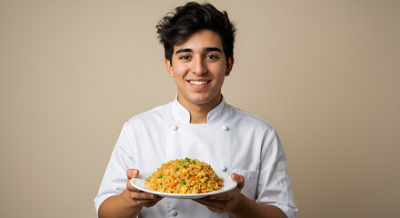A proud young chef with dark hair smiles while presenting a delicious plate of colorful fried rice