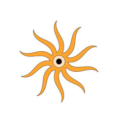 Groovy retro sunburst orange symbol with dynamic ray circle. Groovy element sun and bold burst form a sunshine graphic in bright orange. Y2k sunshine style, modern positive mood, vintage summer