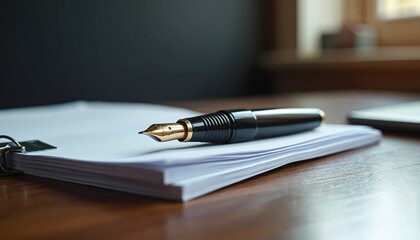 Fountain pen rests on stack of papers on wooden desk. This image signifies work, documentation, business organization. It is suitable for concepts related to writing, planning, pro tasks.