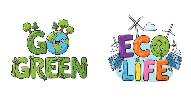 Illustrated environmental slogans promoting sustainability and eco-friendly practices for a better future.