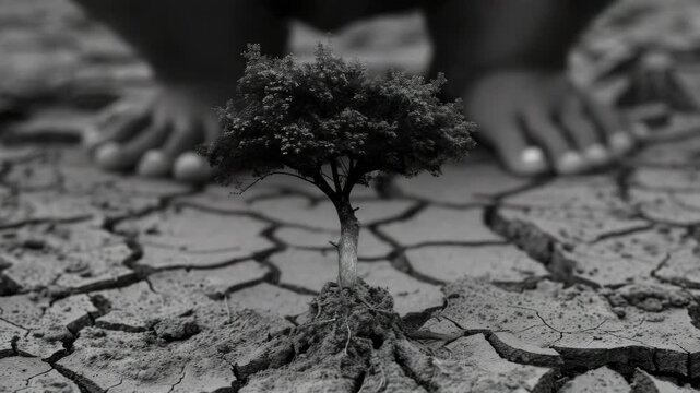 The  depicts a woman's hands cradling a tree seedling in cracked earth, symbolizing hope for life amidst arid conditions. It is a metaphor for human care and environmental conservation.