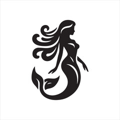Naklejka premium Elegant Silhouette of a Mermaid with Flowing Hair and LeafShaped Tail.