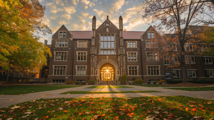 Obraz premium Historic university or college building with a beautiful stone facade and archway with fallen autumn leaves and sun flare