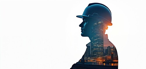 Double exposure silhouette of construction worker wearing hard hat superimposed over modern cityscape at night. Pro engineer architect contemplating urban development, city skyline, infrastructure,