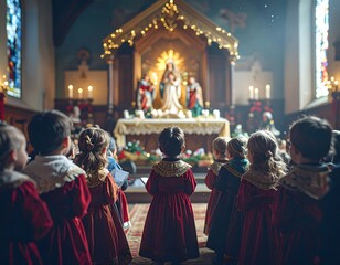 Children&rsquo;s Choir Singing at Detailed Nativity Scene in Warm Village Church on Christmas Eve