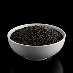 Vibrant black sesame seeds presented in a pristine white bowl against a sleek, dark background, emphasizing health, nutrition, and gourmet cooking ingredients.