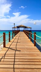 Obraz premium Wooden pier extending into turquoise ocean, sunny day