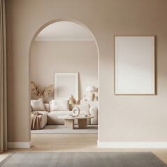 Elegant living room with a neutral color palette, featuring a comfortable sectional sofa, arched doorway, and minimalist decor for a serene ambiance