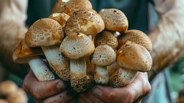 A person's hand holding a bunch of wild mushrooms with gills and stems visible, likely morels or other edible species.