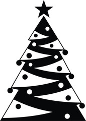 Black and white illustration of a Christmas tree with star and ornaments, perfect for holiday designs.