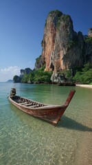 Tropical beach, boat, limestone cliffs
