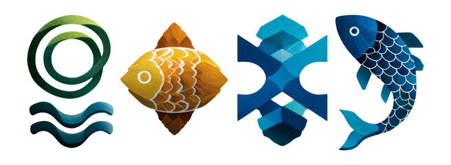 Colorful Fish and Ocean Symbols Isolated on Transparent Background