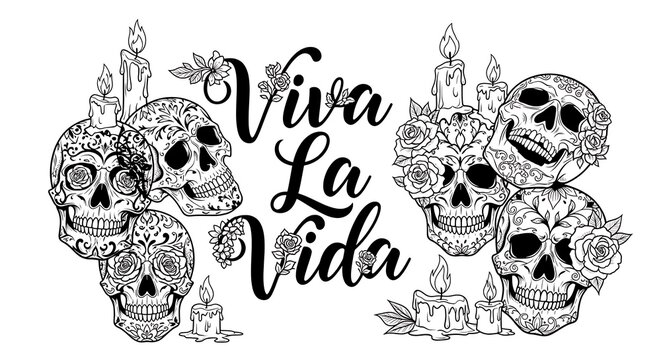 Viva la Vida Illustration with Decorative Skulls and Candles