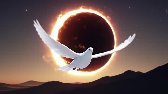 Dove in Flight Before Solar Eclipse: Hope and Renewal