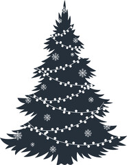 Obraz premium A dark silhouette of a festive Christmas tree decorated with string lights and snowflake ornaments against a white background.