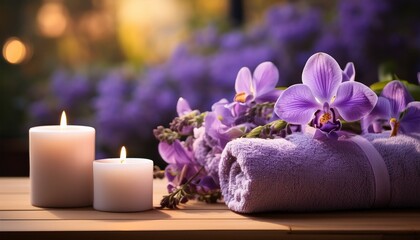 relaxing spa ambiance featuring a soft towel calming candles and a serene bouquet of purple flowers for a tranquil wellness experience