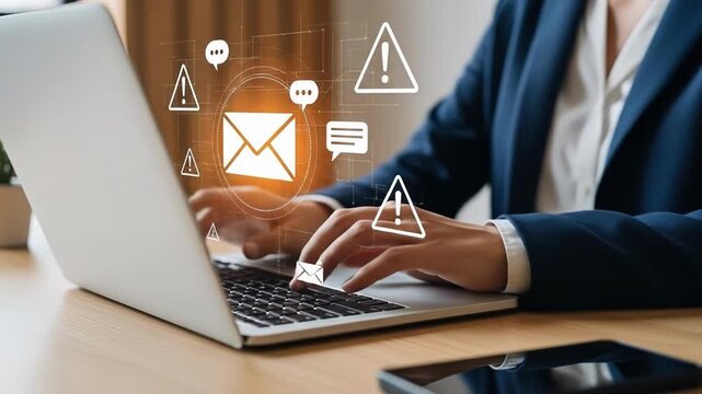 A person types on a laptop with glowing email and warning symbols hovering above The scene suggests cybersecurity threats to online communication