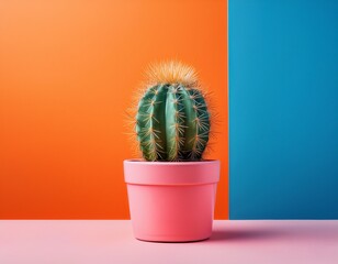 vibrant cactus in a pink pot against a bold orange and blue background