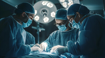 Surgeon team performing operation in sterile operating room, focused and professional atmosphere, bright surgical lights overhead