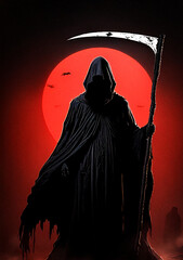  Grim Reaper with Scythe in Red Moonlight