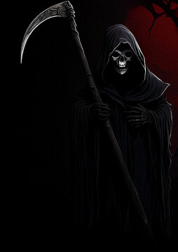  Grim Reaper with Scythe in Red Moonlight