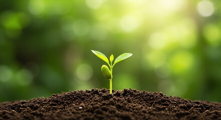 Fototapeta premium Seedling growing from soil with sunlight