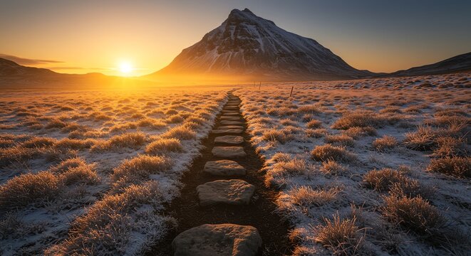 Stone path leading to mountain at sunrise