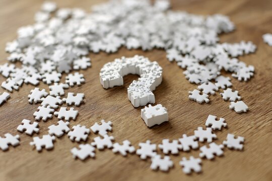 White puzzle pieces scattered around a question mark