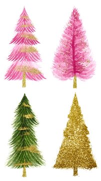 Green Pine Christmas Trees Hand Drawn Watercolor on White