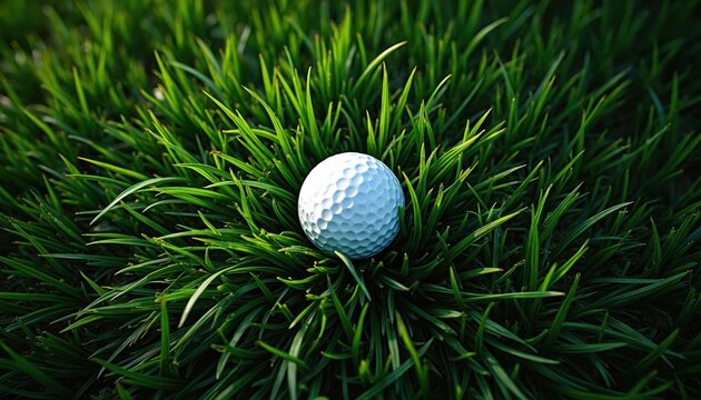 Single white golf ball rests on vibrant green grass blades. Sharp focus on dimpled surface contrasts with soft green background. Golf sport equipment ready for play, outdoor game activity.