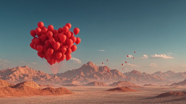 Red balloons cluster in heart shape over desert landscape