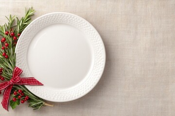 Minimal christmas holiday place setting with empty white plate, sprig of rosemary, red ribbon.