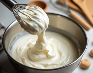 Whipped cream preparation in metal bowl with whisk and wooden spoons. Soft, smooth, fluffy, aerated dairy ingredient for delicious sweet desserts and baking. Culinary texture, creamy food.
