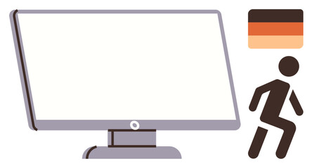 Blank computer monitor as central focus, abstract person in motion, and gradient color block. Ideal for technology, productivity, creativity, design, minimalism innovation and motion themes. Simple