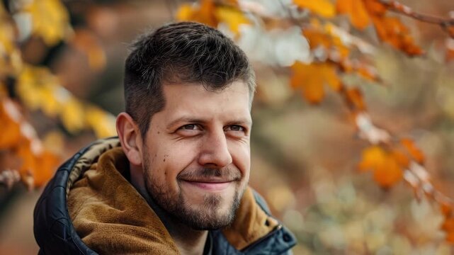 A bearded man in a parka enjoying autumn scenery with his eyes closed, set against a backdrop of vibrant fall leaves.