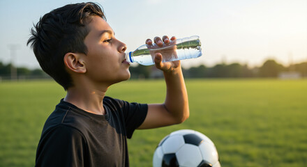 Young boy drinking water while resting on soccer field at sunset