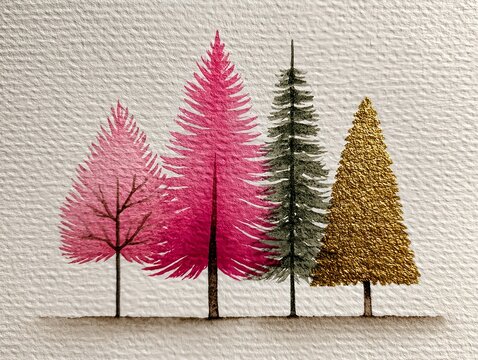 Green Pine Christmas Trees Hand Drawn Watercolor on White