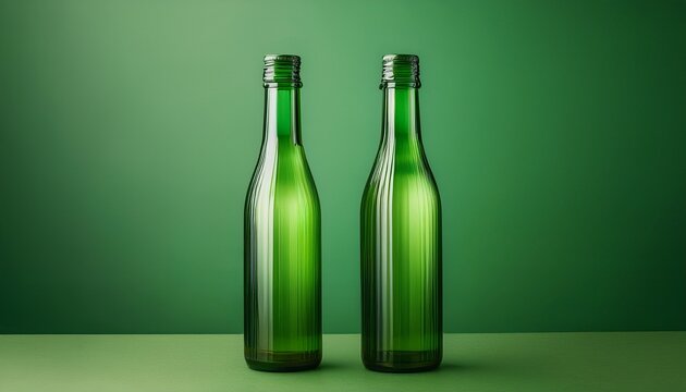 the image shows two tall green glass bottles standing side by side against a solid green background highlighting their reflective and smooth surfaces