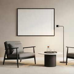 Modern minimalist living room interior with a stylish grey armchair, dark wood side table, and a floor lamp, featuring a blank poster mockup on a neutral wall