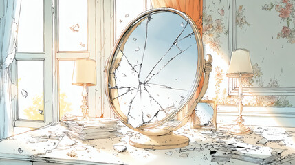 A broken mirror sits on a vanity table in a bright room
