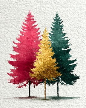 Green Pine Christmas Trees Hand Drawn Watercolor on White