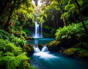 Lush waterfall in tropical rainforest