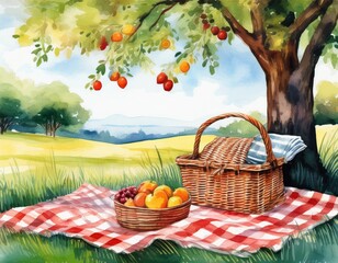 a watercolor picnic scene with a basket fruits and a checkered blanket under a tree
