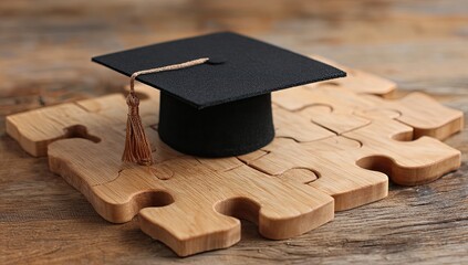 Graduation cap on wooden puzzle pieces (1)