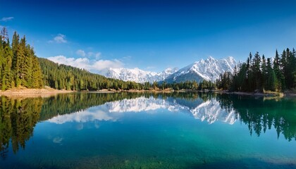 a tranquil lake with crystal clear water reflects the majestic snow capped mountain range and lush pine forest under a bright blue sky