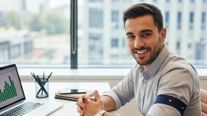 A smiling businessman in a light blue shirt sits at his desk in a modern office, looking confidently at the camera with a laptop displaying financial charts in front of him - Powered by Adobe