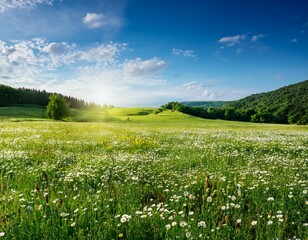 Fototapeta premium lush green field surrounded by blooming flowers under a bright summer sky summer field green nature grass flowers